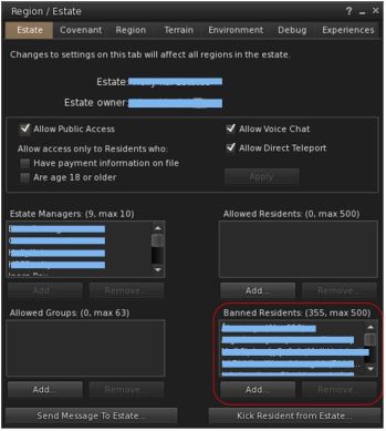 The Estate / region ban list (highlighted)