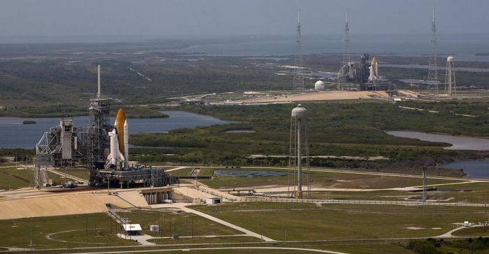 23rd September 2008: the last time two space shuttles simultaneously occupied the launch pads at Space launch Complex 39, Kennedy Space Centre. In the foreground, the Atlantis is being readied for launch on Pad 39A for STS-125, the final scheduled Hubble Space Telescope servicing mission. In the distance, at Pad 39B Endeavour sits in readiness and a rescue back-up should any issues occur with Atlantis when on-orbit. As STS-125 took place successfully, the Endeavour was rolled back from Pad 39B, refitted for it's scheduled mission (STS-126) to the International Space Station