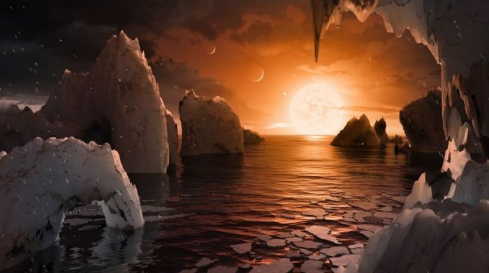 Another artist's impression of how the TRAPPIST system might look from the surface of one of the worlds - assuming they have liquid water present