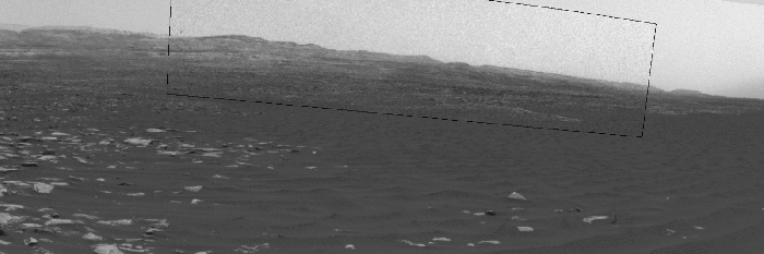 Another sequence of images showing a dust-carrying whirlwind on Sol 1,597 (February. 1st), 2017). The black rectangle in both this image and the one earlier marks the area on which Curiosity's Navcams were focused in the hope of capturing passing dust devils. Credit: NASA/JPL / TAMU